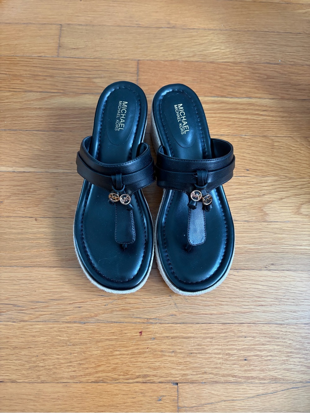 Michael Kors Black Leather Wedge Thong Sandals with Gold Logo Charms